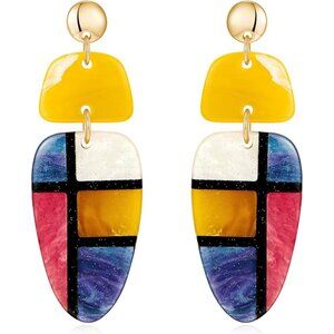 Women's Resin Plaid Boho Statement Dangle Earrings Multicolor Costume Jewelry